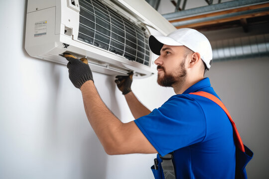 HVAC technician installing a mini split air conditioner in Denver