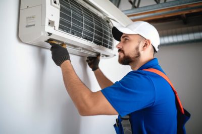 Air conditioning technician servicing a wall-mounted AC unit in Denver, CO