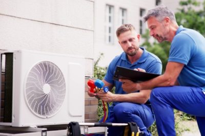 HVAC technicians reviewing an outdoor air conditioning unit in Denver, CO